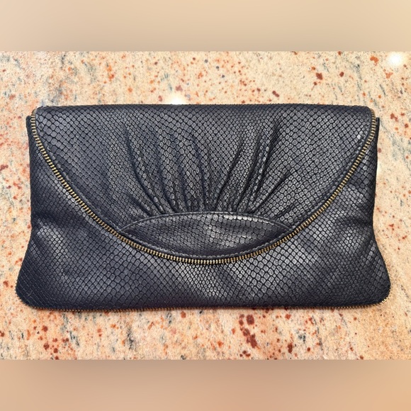 Lauren Merkin Handbags - LAUREN MERKIN BLACK SNAKESKIN EMBOSSED LEATHER CLUTCH